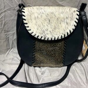 P&G Women's Western Purse Crossbody Handbag Black/Brown Faux Leather Cow-hair